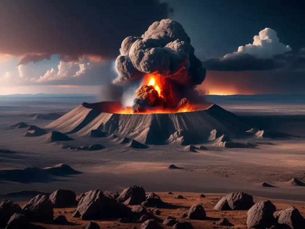 Impacto de asteroide: caos y destrucción Lecciones aprendidas del impacto de asteroides: Cráter gigante, paisaje desolado y cielo oscuro
