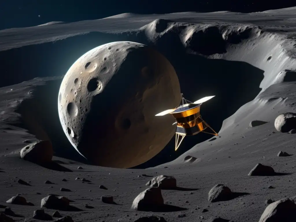 Sonda espacial junto a asteroide con detalles precisos Lecciones interactivas sobre asteroides: Imagen de sonda espacial cerca de asteroide masivo con detalles intrincados