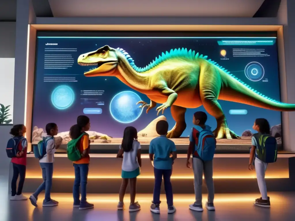 Impacto asteroidal en educación Lecciones interactivas sobre asteroides: niños explorando un holograma interactivo de un asteroide