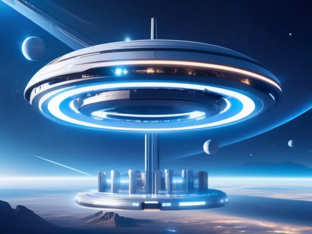 Estación espacial futurista en el cosmos Legislación Espacial: Futurista estación espacial flotando en el cosmos, rodeada de asteroides y equipada con tecnología avanzada