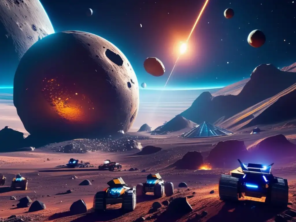 Leyes propiedad recursos espaciales: Futurista operación minera espacial con asteroides y robots avanzados en vibrante contraste cósmico