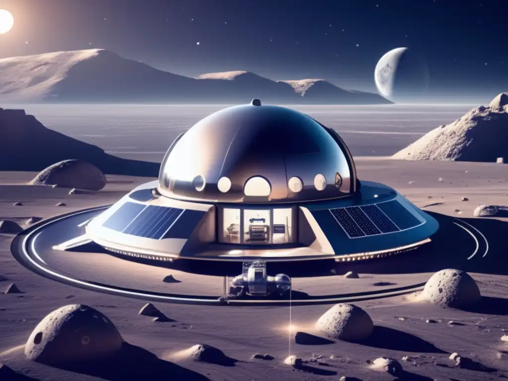 Futuro lunar: base, paisaje rocoso y astronautas Conexión lunar asteroides basálticos: base lunar futurista, paisaje lunar, astronautas, energía solar, minerales de asteroides