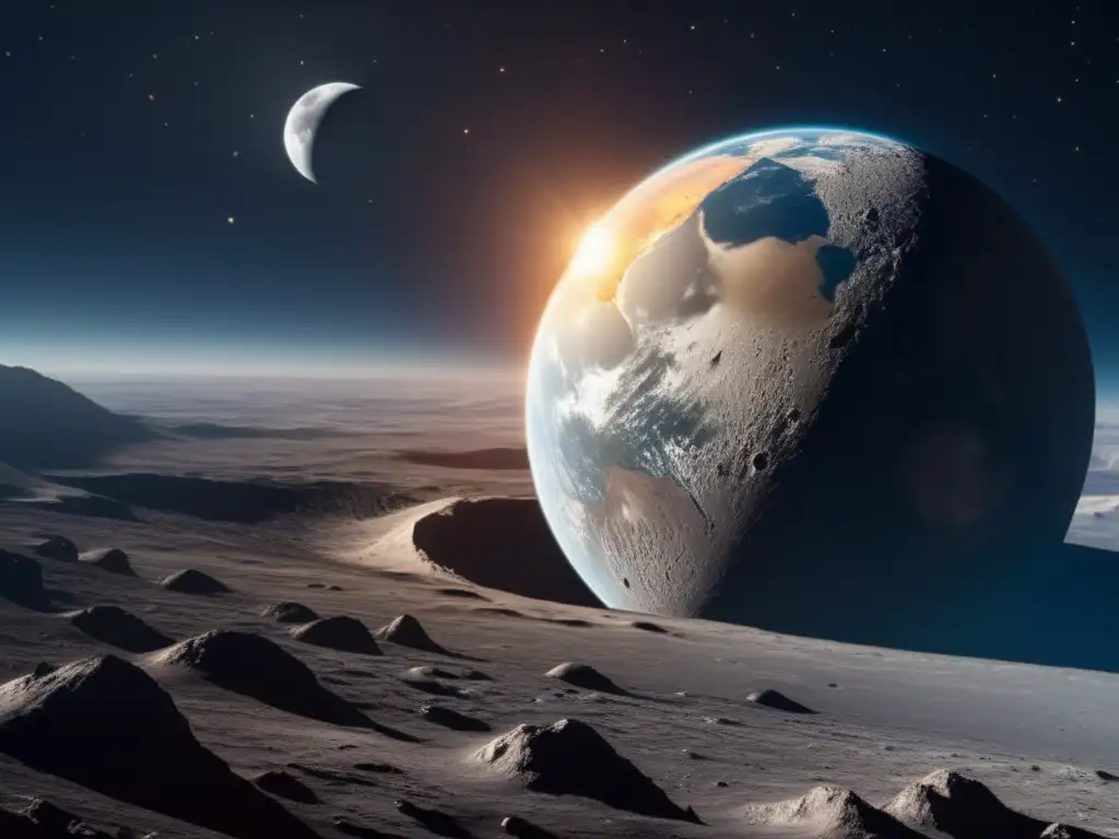 La conexión lunar-asteroide: belleza y misterio Conexión lunar asteroides basálticos, imagen impresionante de la Tierra y la Luna, estrellas y galaxias, belleza y misterio