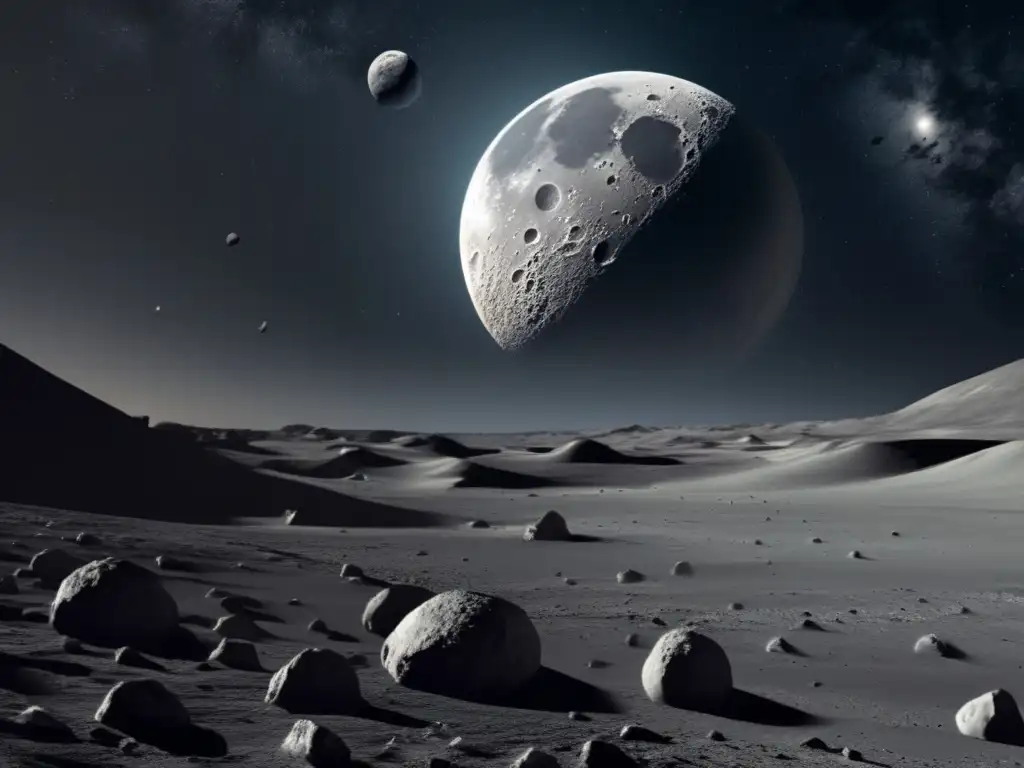 Impresionante paisaje lunar con asteroides basálticos Conexión lunar asteroides basálticos: Impresionante vista de la superficie lunar con paisaje vasto y asteroides flotando