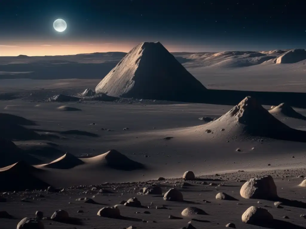 Conexión lunar asteroides basálticos: paisaje lunar en 8k con asteroide basáltico y otros asteroides en el fondo