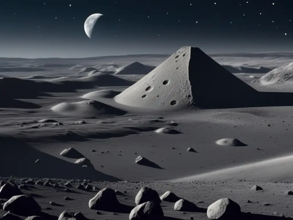 Paisaje lunar con asteroide basáltico Conexión lunar asteroides basálticos: paisaje lunar detallado con cráteres, terreno rugoso y asteroides de basalto volcánico