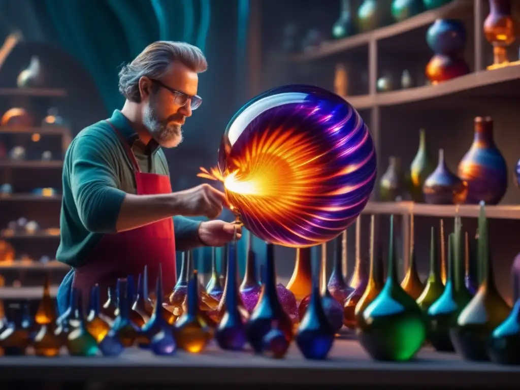 Maestro vidriero creando un asteroide Maestro vidriero crea impresionante representación de asteroides en cerámica y vidrio