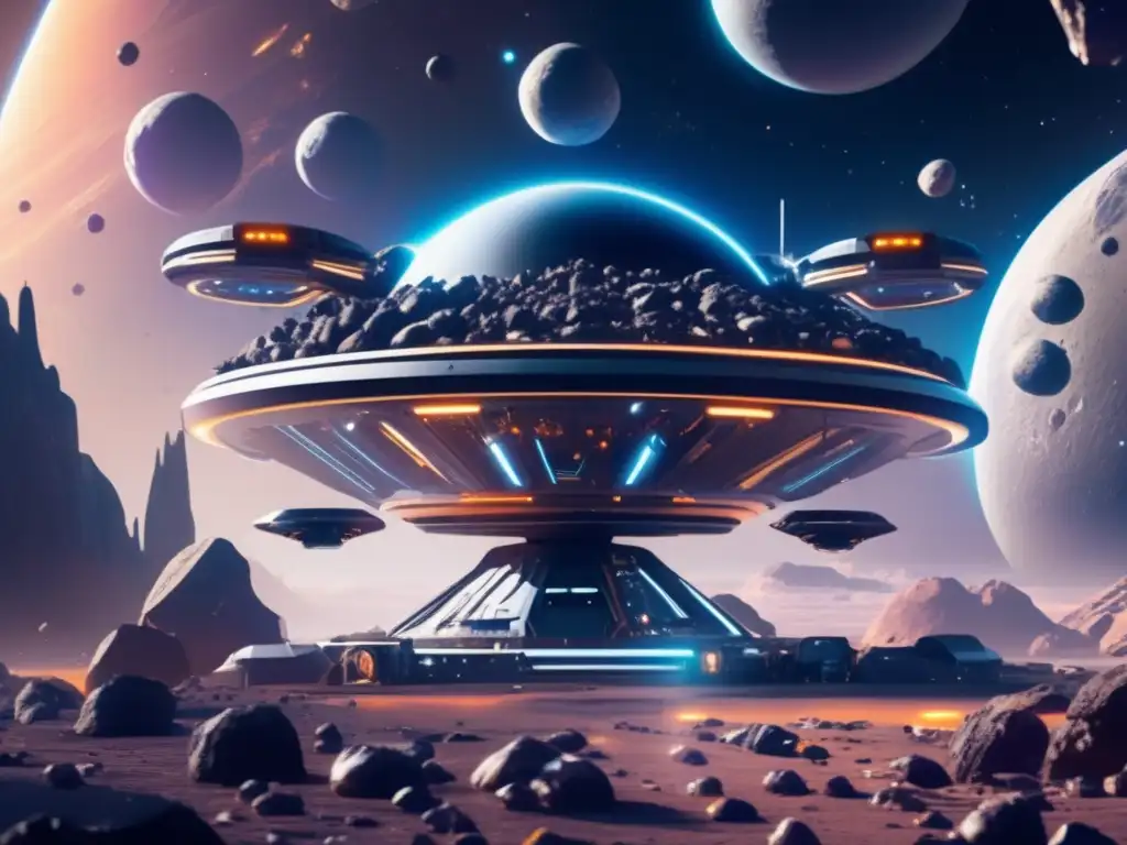 Estación espacial futurista rodeada de asteroides Magnífica estación espacial futurista rodeada de asteroides, con materiales reutilizables en el espacio
