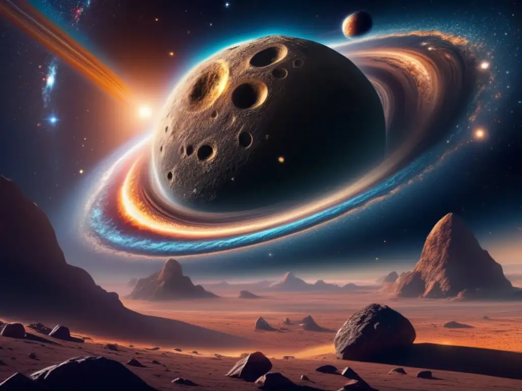 Majestuoso paisaje cósmico con asteroide y naves espaciales Majestuosa galaxia con asteroide y planeta, reflejando importancia de asteroides en colonización