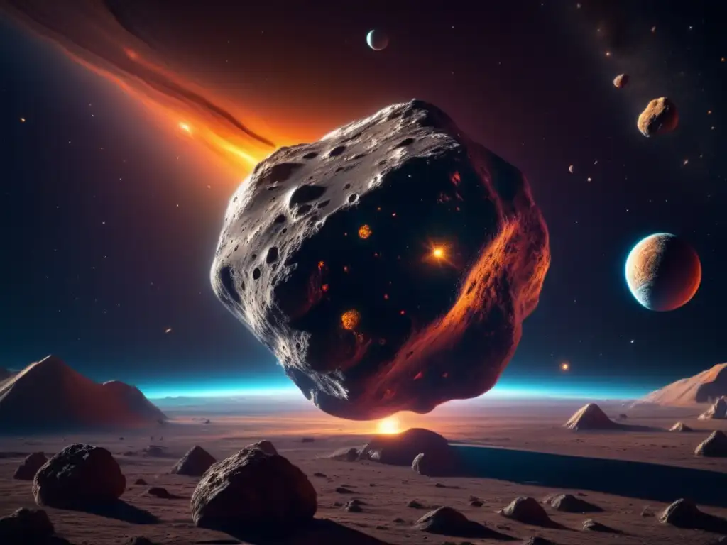 Majestuoso asteroide en el espacio Majestuosa imagen 8K de un asteroide flotando en el espacio, destacando su composición y ciclo de vida