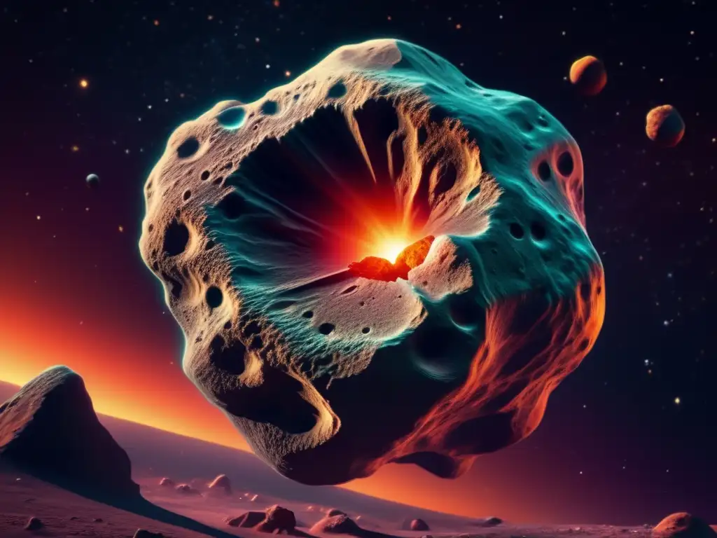 Asteroide majestuoso en el espacio Un majestuoso asteroide en el espacio con vida extraterrestre, formaciones peculiares y colores vibrantes