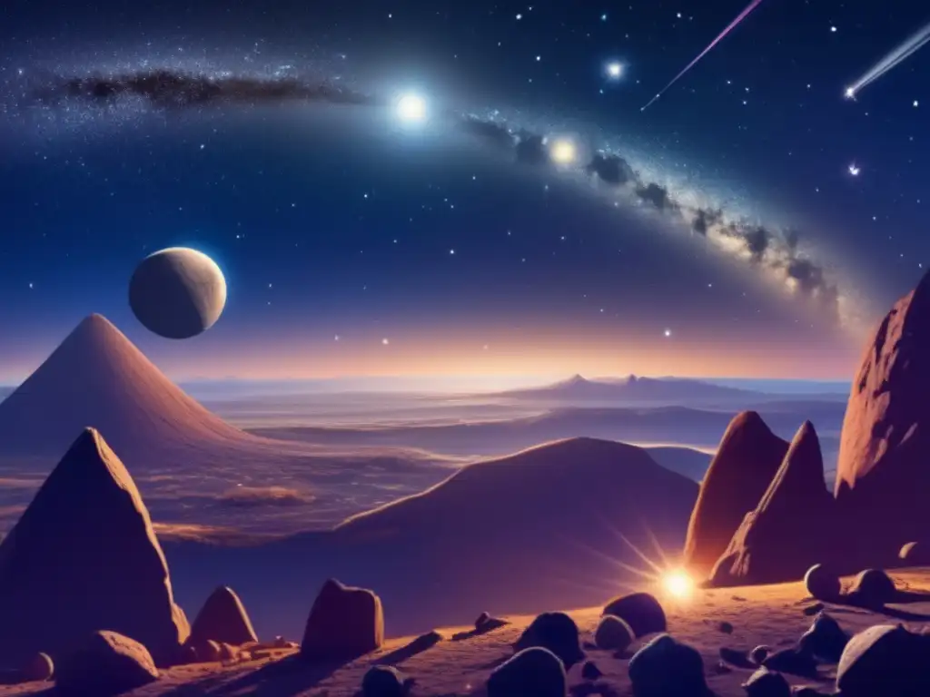 Majestuoso cielo nocturno lleno de estrellas brillantes, con una luna radiante y un cinturón celestial de asteroides