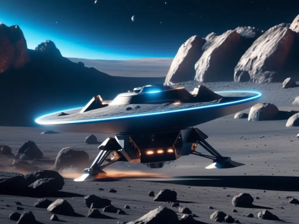 Exploración y mapeo de asteroides con nave futurista y asteroide texturizado