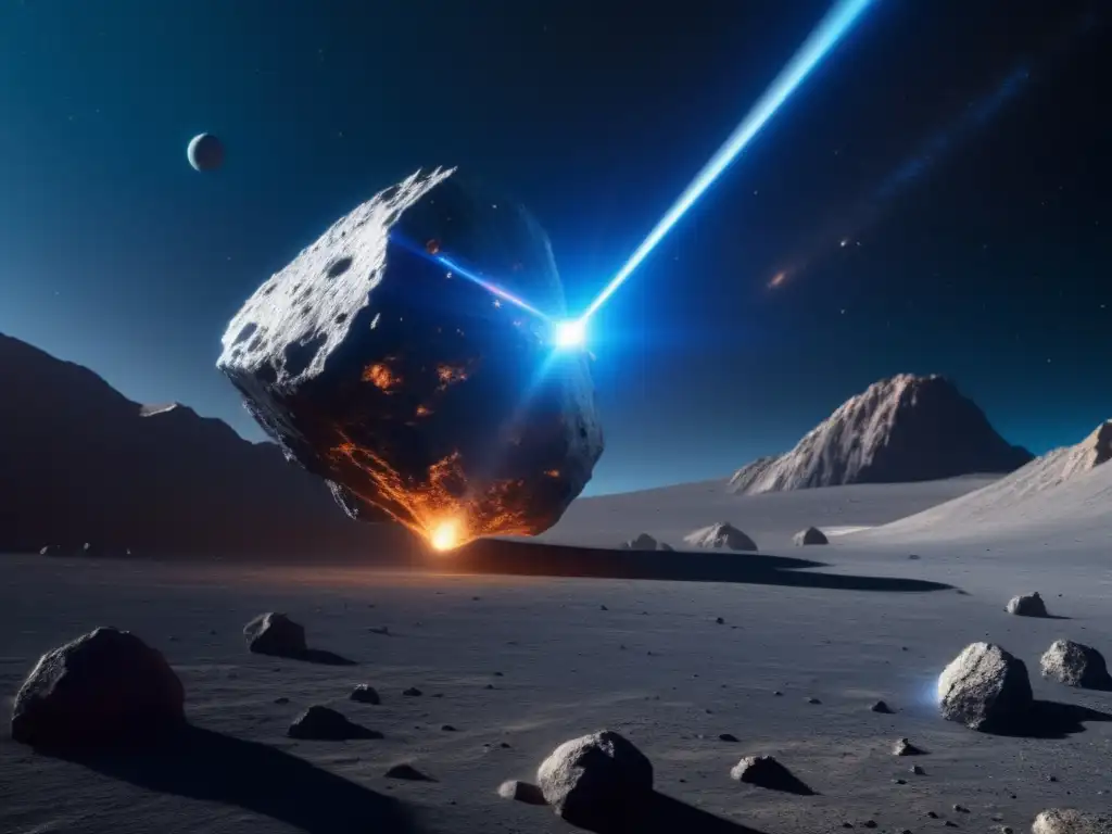 Exploración detallada de un asteroide Mapeo detallado de superficies de asteroides: nave espacial futurista escanea asteroide con precisión