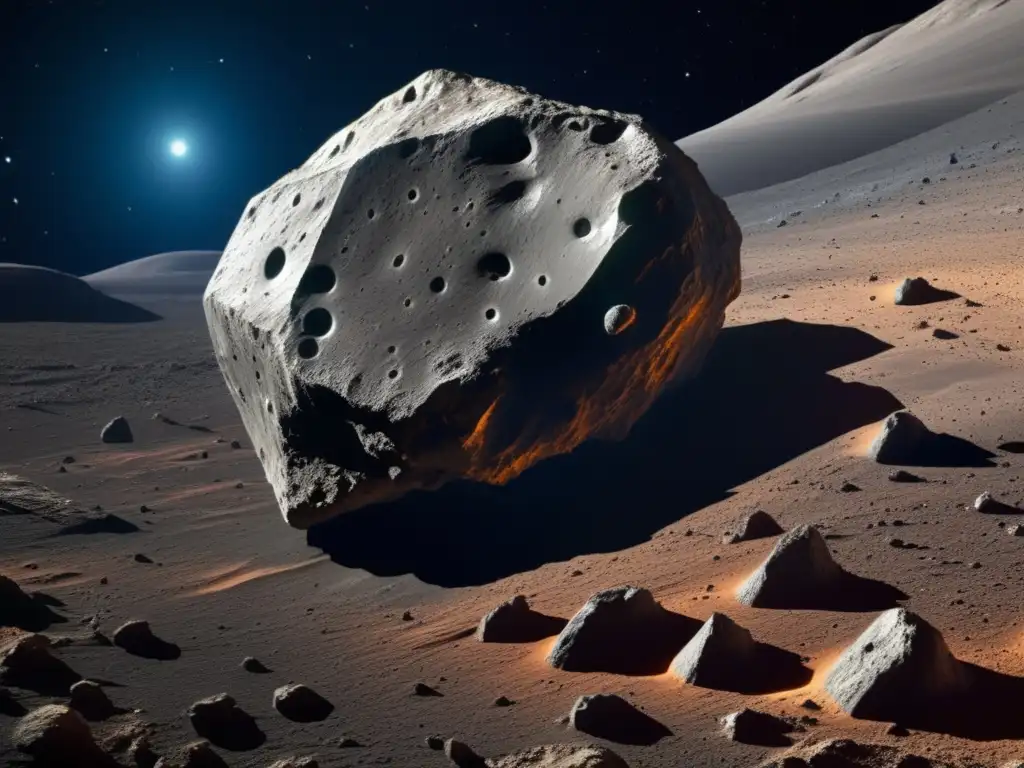 Superficie detallada de asteroide y nave espacial mapeando Mapeo detallado de superficies de asteroides: Vista cercana de la topografía fascinante, formaciones geológicas e instrumentos avanzados en acción