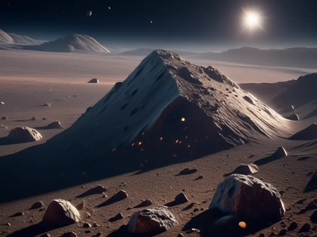 Superficie detallada de asteroide en 8k Mapeo detallado de superficies de asteroides con textura, cráteres y paisajes rocosos iluminados por estrella distante