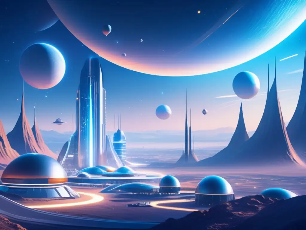 Maravillosa imagen 8k de asentamiento espacial futurista con telescopios y asteroides