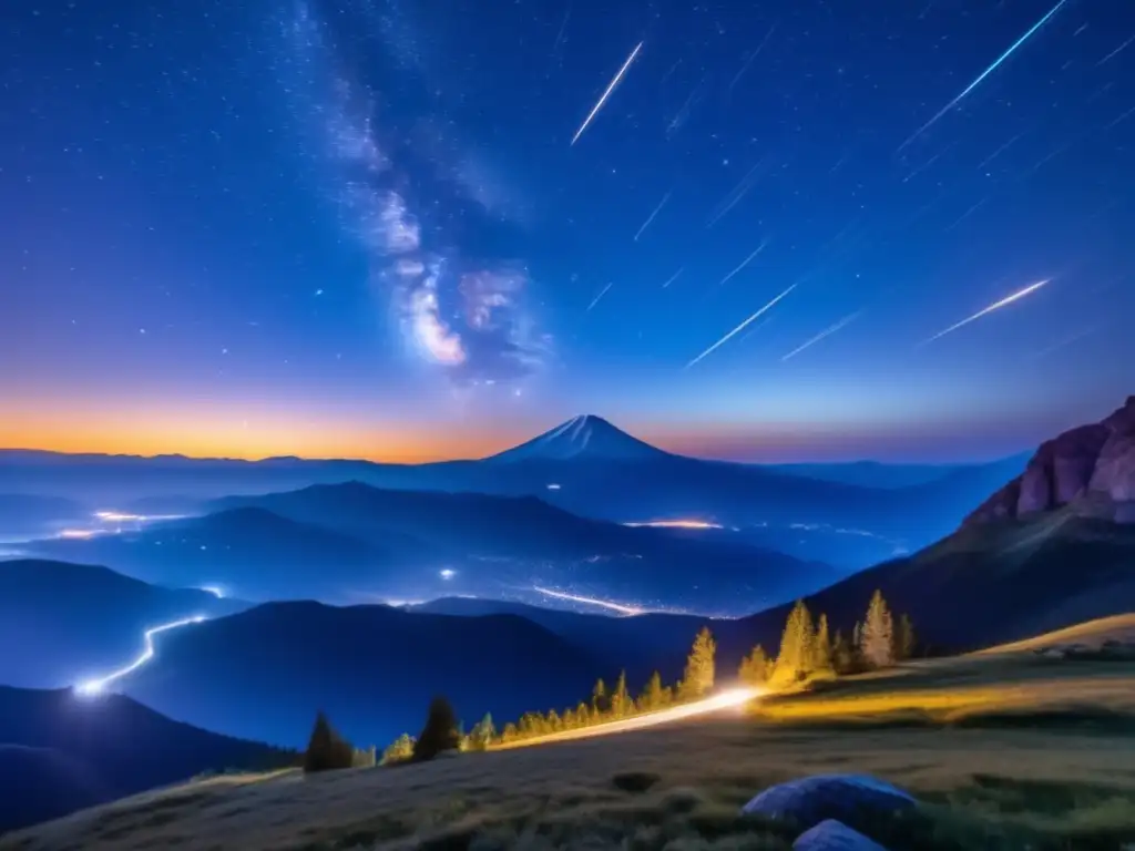 Meteorito ilumina cielo nocturno Maravillosa imagen 8k de fenómenos de meteoros luminosos en el cielo nocturno, con estelas radiantes y montañas silueteadas