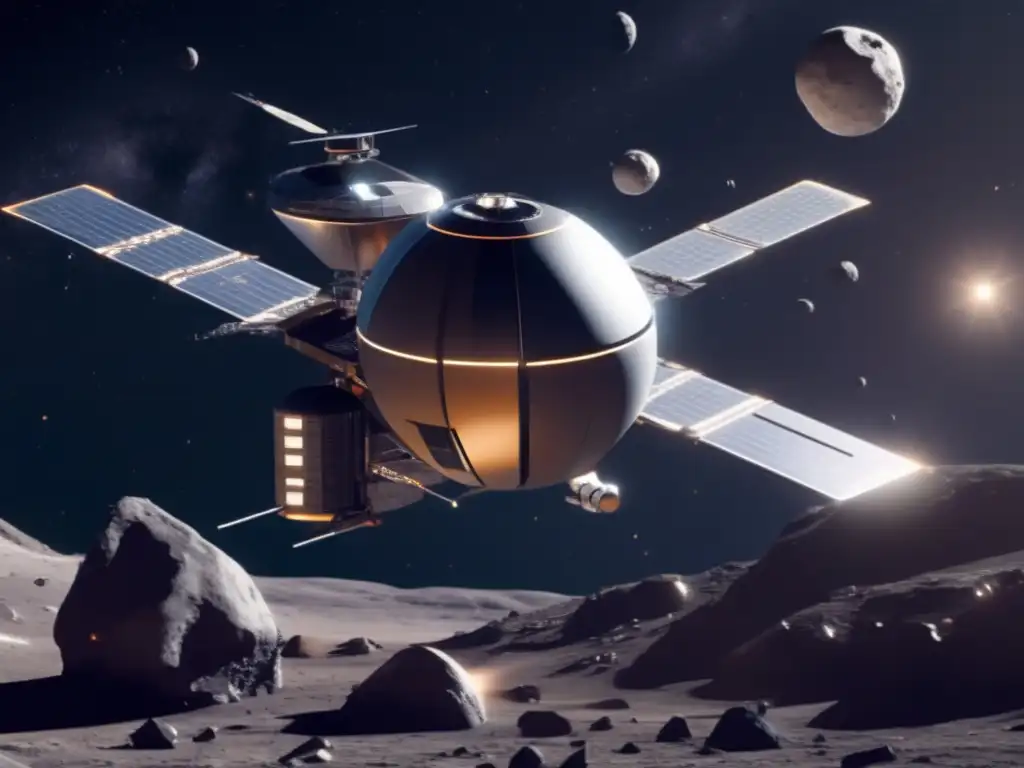 Estación espacial futurista en asteroide Materiales asteroides reutilización: Estación espacial futurista orbitando asteroide, con brazos robóticos y mineros avanzados