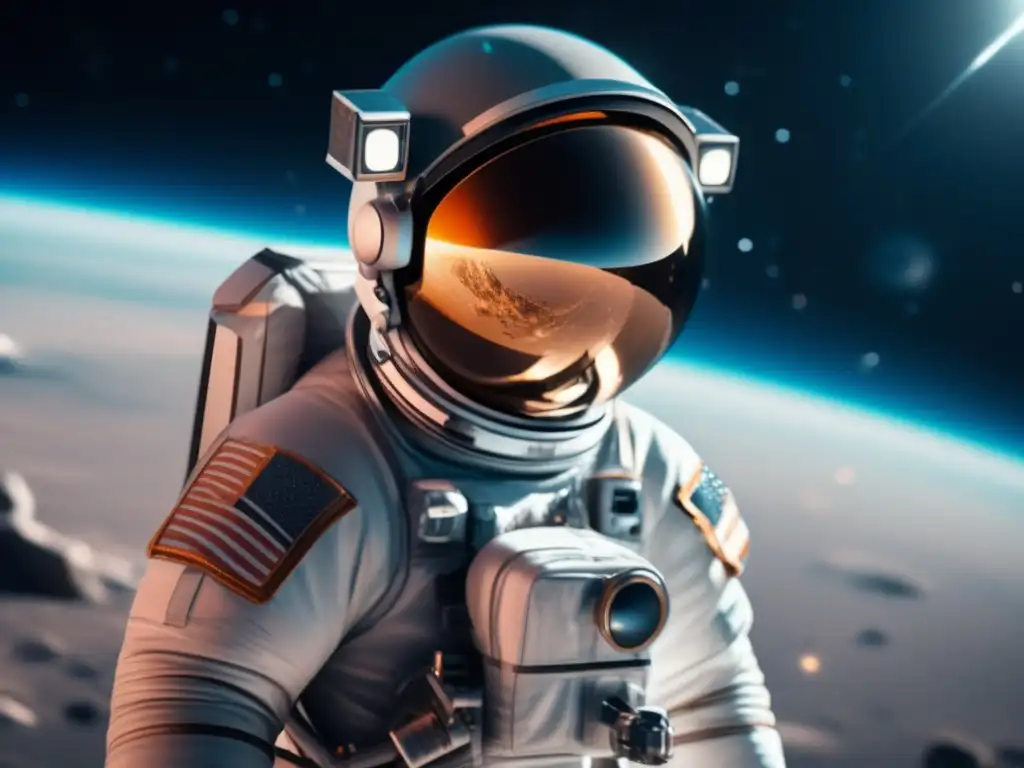 Astronauta sostenible en el espacio Materiales reutilizables en el espacio: astronauta flotando en traje espacial futurista rodeado de naves y satélites, con la Tierra de fondo