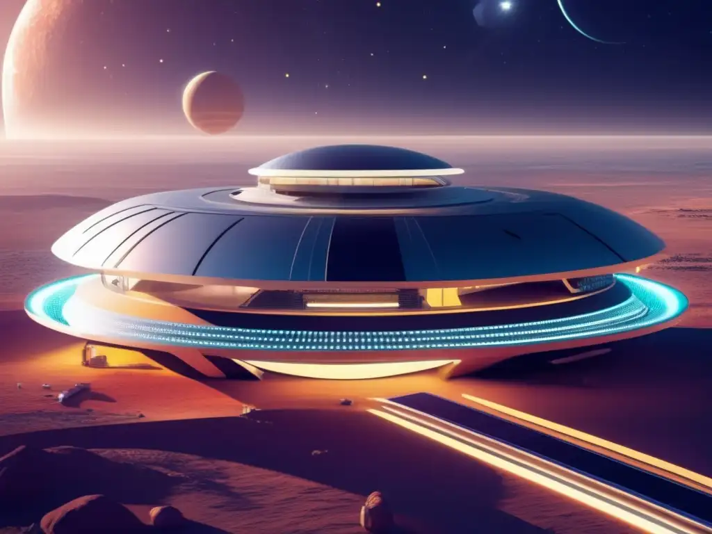 Estación espacial futurista sostenible Materiales reutilizables en el espacio: Estación espacial futurista flotando en el universo estrellado, con diseño minimalista y paneles solares