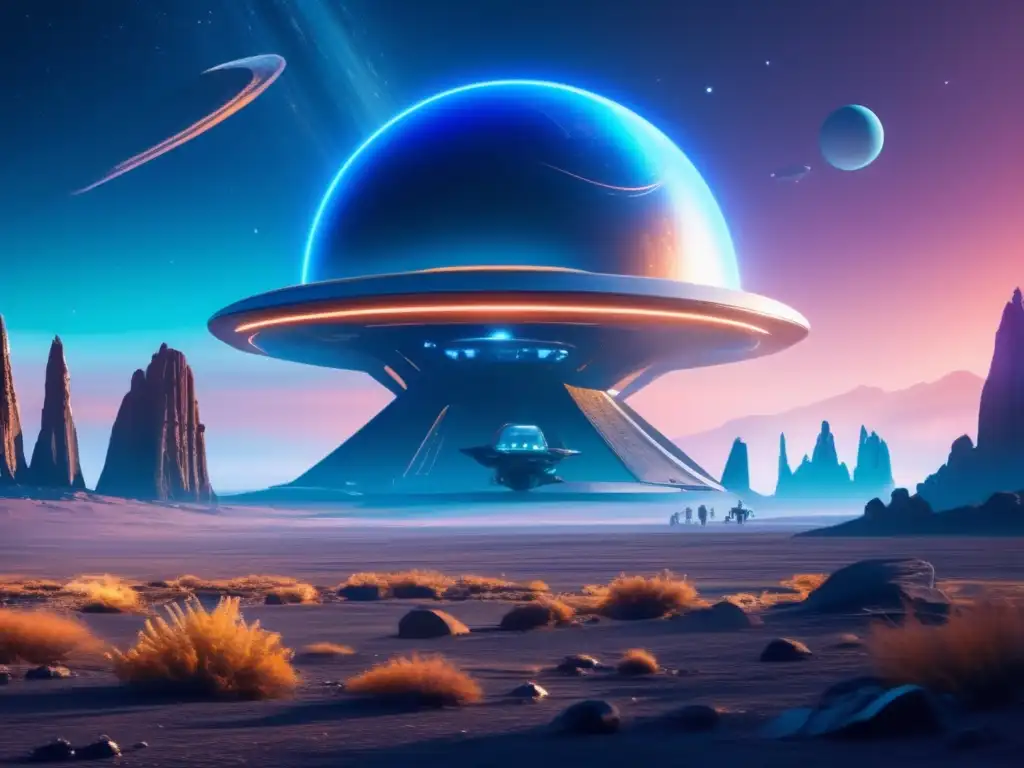 Materiales reutilizables en el espacio: paisaje alienígena con nave espacial futurista y naturaleza bioluminiscente