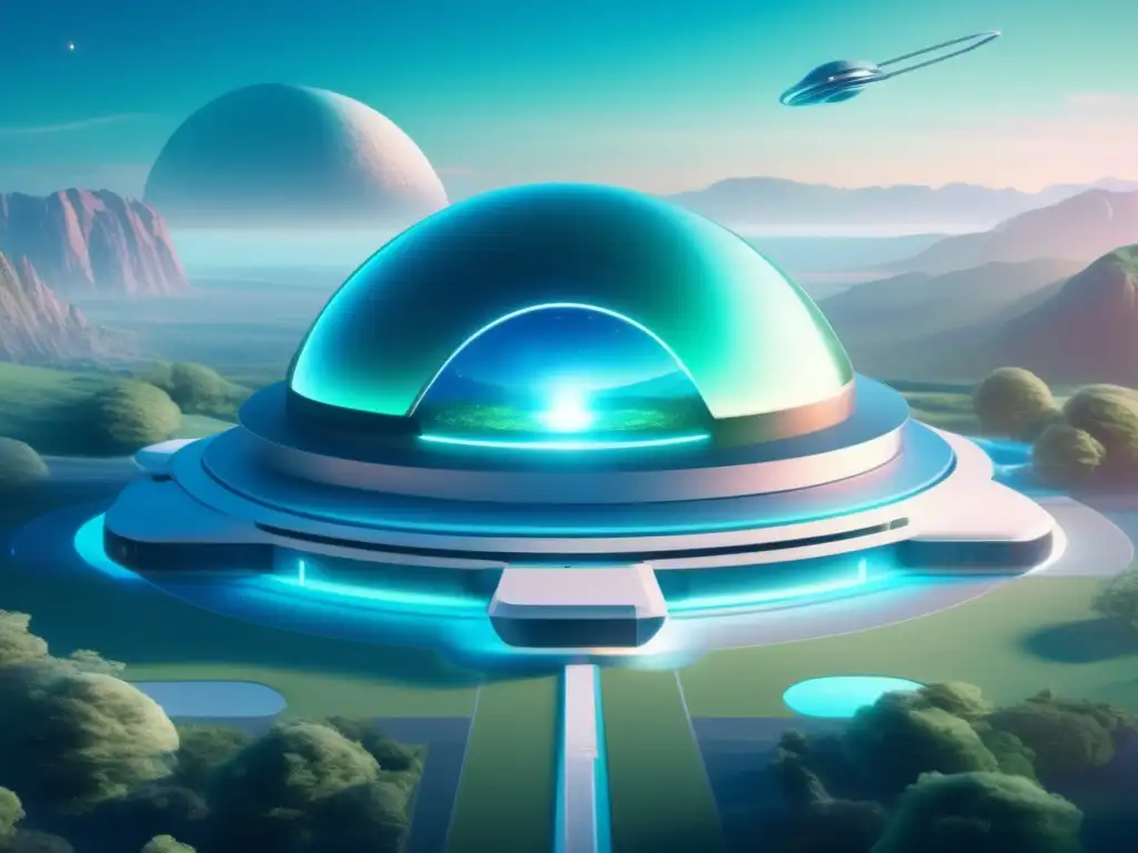 Futuro hospital médico en paisaje sereno Instalación médica futurista en paisaje sereno con asteroides terapéuticos