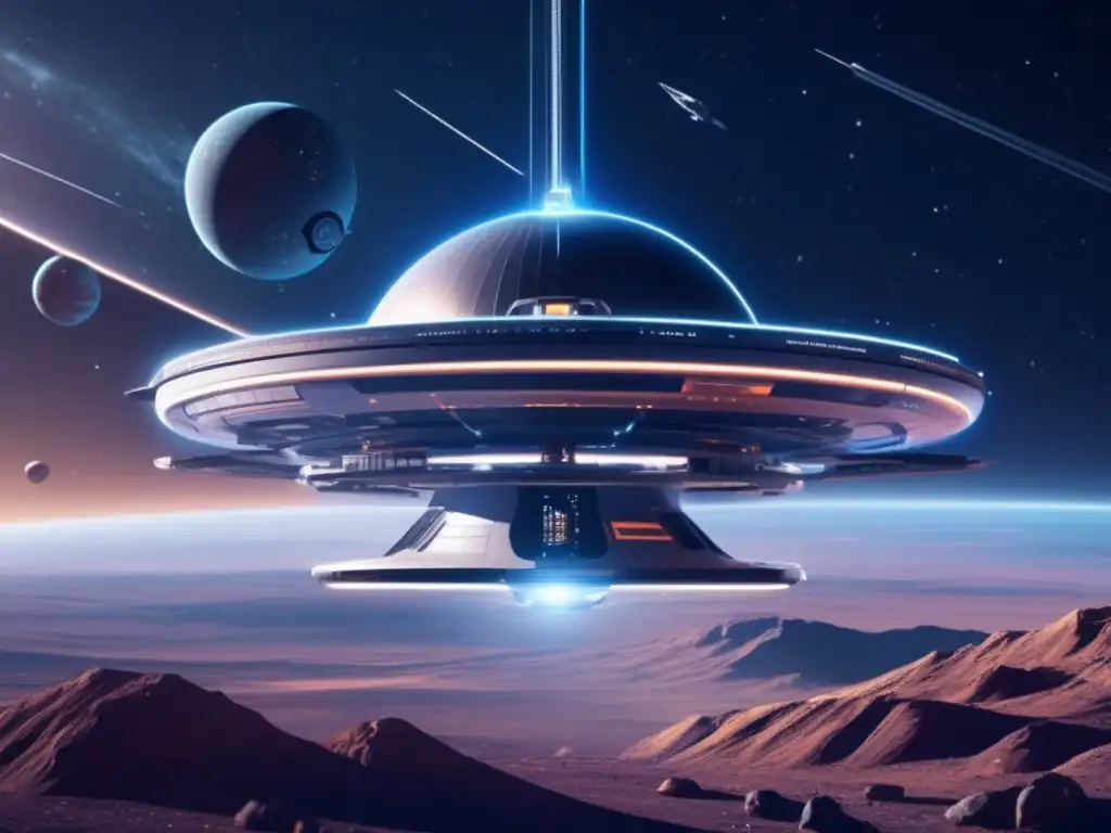Estación espacial futurista con anillo de satélites Medidas de seguridad contra asteroides en estación espacial futurista rodeada de satélites y cosmos