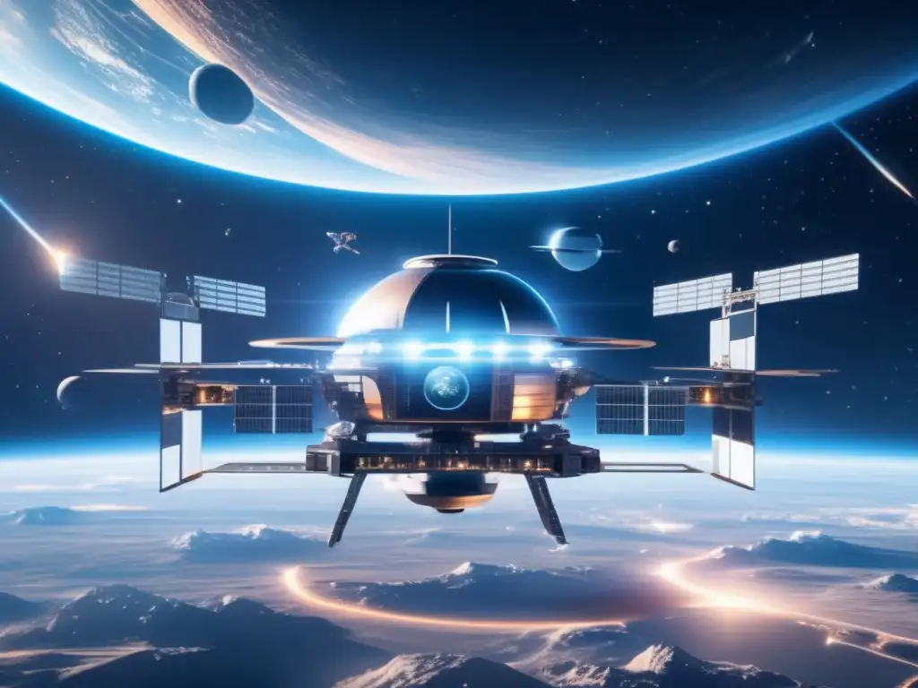 Ultramoderna estación espacial y satélites de alta tecnología en el espacio Medidas seguridad contra asteroides: Futurista estación espacial, satélites y asteroide amenazante