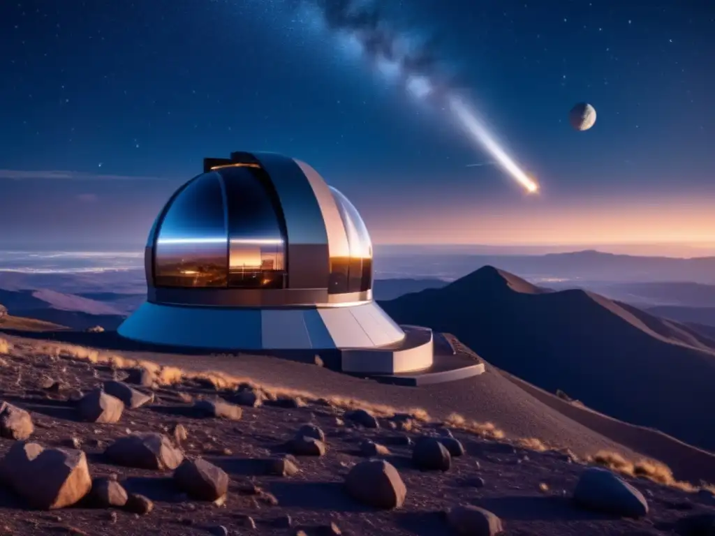 Observatorio futurista detecta asteroides Medidas de seguridad contra asteroides: Observatorio futurista escaneando el espacio en busca de amenazas, tecnología avanzada y precisión