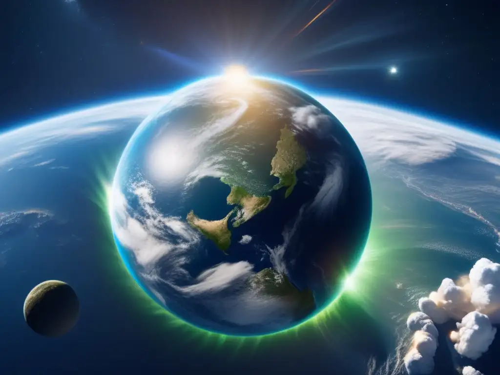 Serenidad y peligro: La Tierra desde el espacio con un asteroide amenazante Medidas de seguridad contra asteroides: Panorama 8k de la Tierra desde el espacio, destacando océanos azules, continentes verdes y nubes blancas