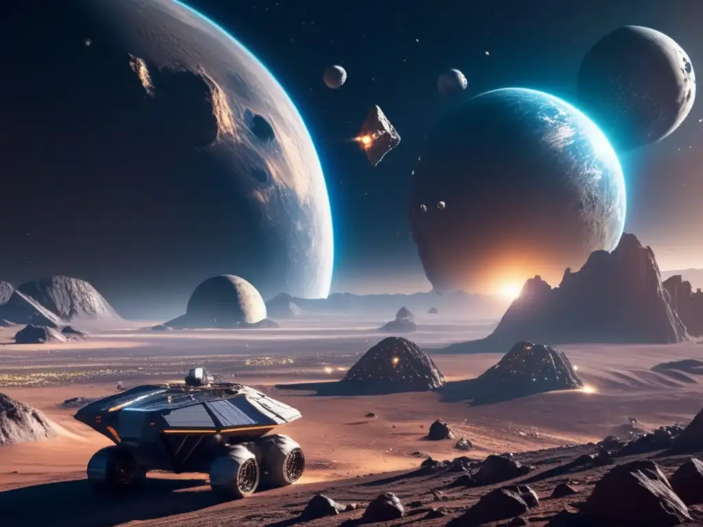 Mercados globales preparados explotación asteroides: Imagen impresionante en 8k muestra escena espacial futurista con la Tierra al fondo