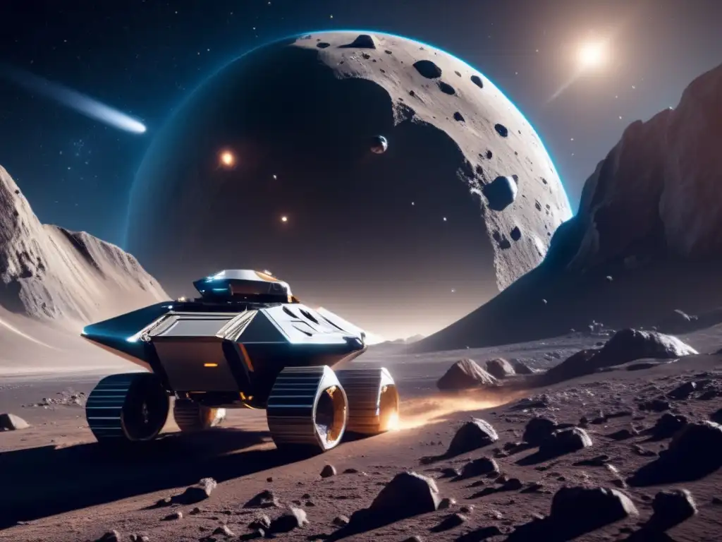 Operación minera espacial futurista Tecnología láser para extraer metales de asteroides en una impresionante imagen 8k detallada, con el cosmos de fondo y un asteroide prominente