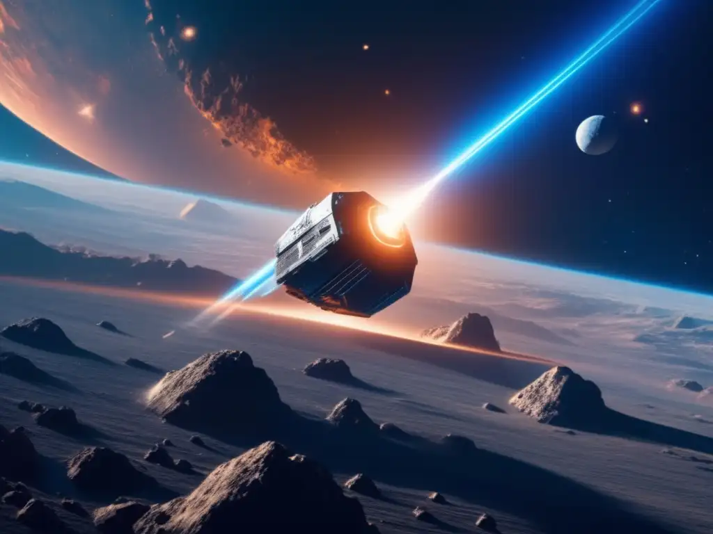 Futurística nave espacial láser en asteroide Tecnología láser para extraer metales de asteroides: nave espacial futurista corta asteroide, revelando minerales