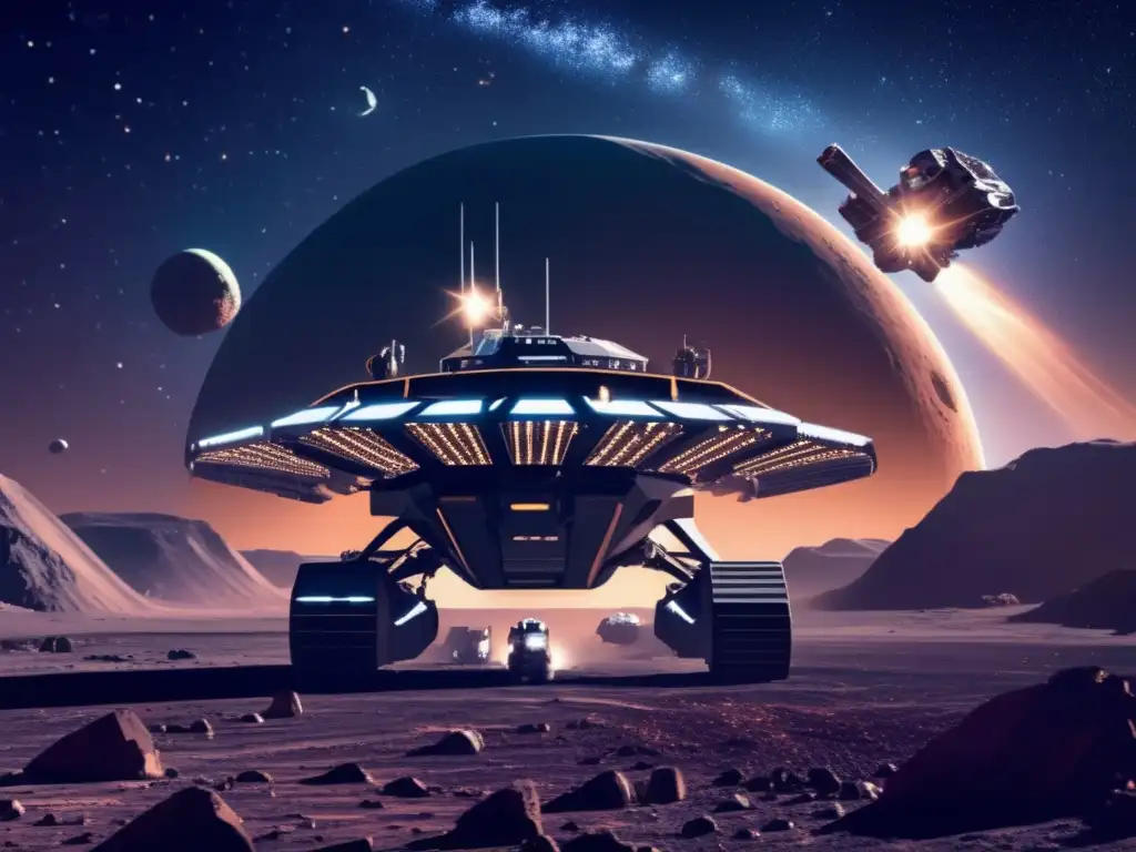 Minería espacial futurista Tecnología láser para extraer metales de asteroides en acción