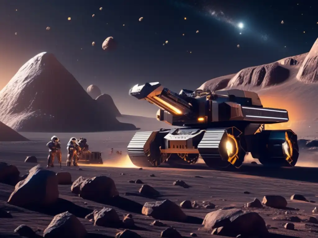 Futuro de la minería en asteroides Metales preciosos en asteroides: Futurista operación minera en un asteroide, con robots avanzados y vasto espacio de fondo