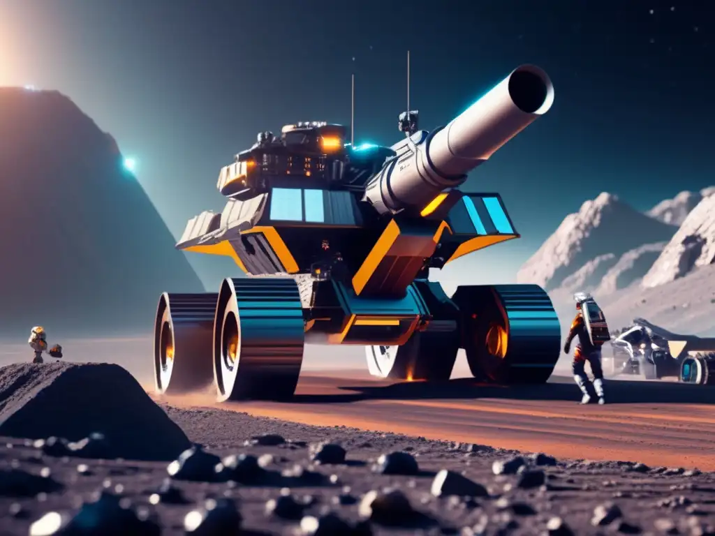 Futura minería espacial: tecnología avanzada y maquinaria en asteroide Metales preciosos en asteroides: Futurista mina de extracción de metales en un asteroide, con avanzada tecnología y maquinaria