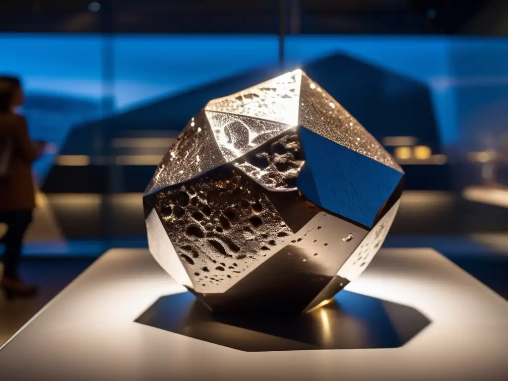 Meteorito destacado en museo moderno Meteorito en museo, texturas e iluminación resaltan su belleza y significado científico