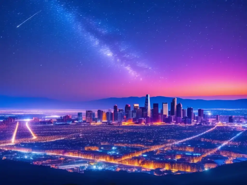 Espectacular lluvia de meteoritos en noche oscura Meteorito nocturno con ciudad moderna - Comercio ilegal de meteoritos