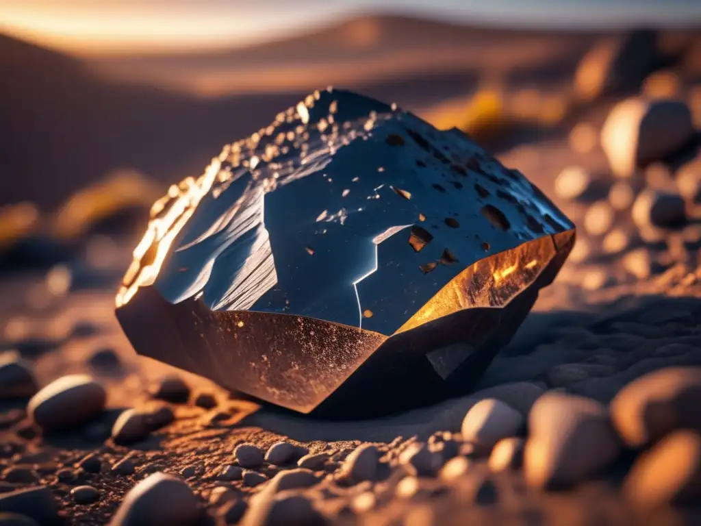 Meteorito en terreno rocoso, detalles y textura destacados Meteorito vida otros planetas: Imagen 8K impresionante de un meteorito en terreno rocoso, con detalles intrincados y textura rugosa