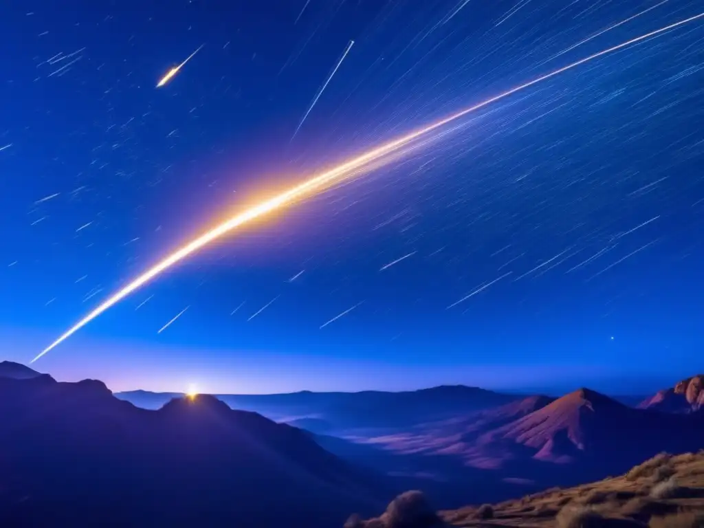 Espectáculo celeste: Meteoritos iluminan el cielo nocturno Conexión meteoritos asteroides origen: Deslumbrante imagen de lluvia de meteoritos en el cielo nocturno, con estelas doradas y colores vibrantes