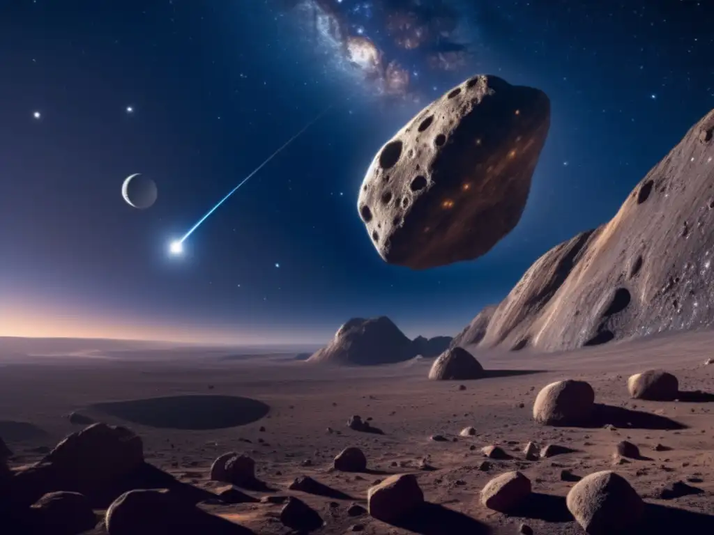 Detalle asombroso del asteroide en el espacio Conexión meteoritos asteroides origen: Imagen detallada de una noche estrellada con un asteroide rocoso en primer plano