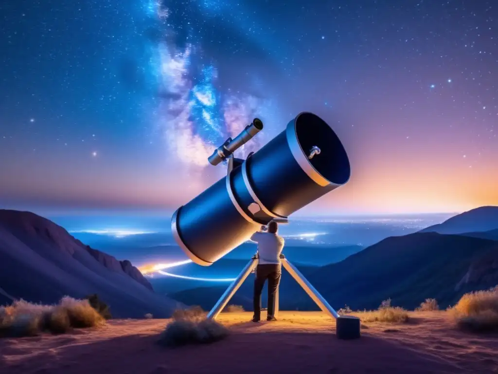Noche estrellada: astronomo y meteorito Conexión meteoritos asteroides origen: Noche estrellada con astrónomo y telescopio en primer plano, reflejando la belleza del universo