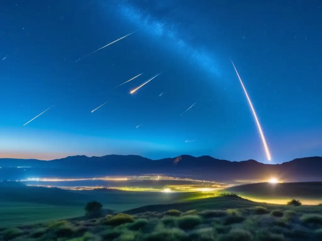 Espectacular lluvia de meteoritos en 8k Meteoritos en cultura popular: espectáculo celestial impresionante y poder destructivo, con estrellas fugaces y paisaje sereno