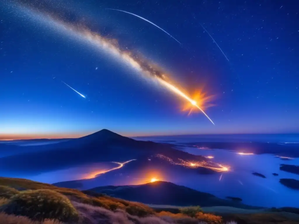 Fascinante lluvia de meteoros bajo un cielo estrellado Meteoritos en cultura popular: imagen impresionante del cielo nocturno estrellado con meteoritos y una estela de luz radiante