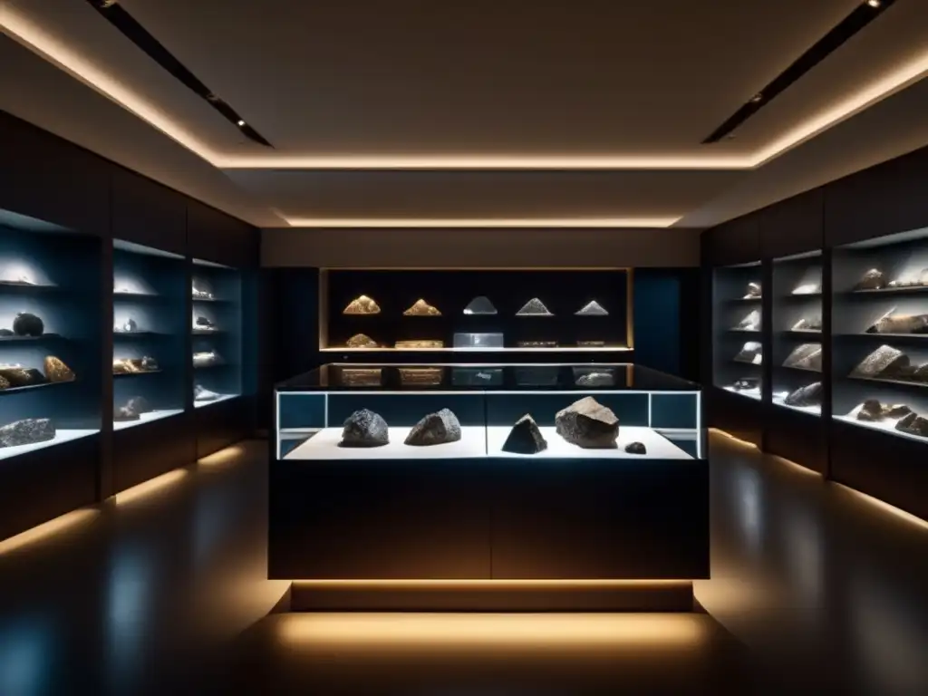 Meteoritos valiosos con composiciones raras en elegante sala iluminada