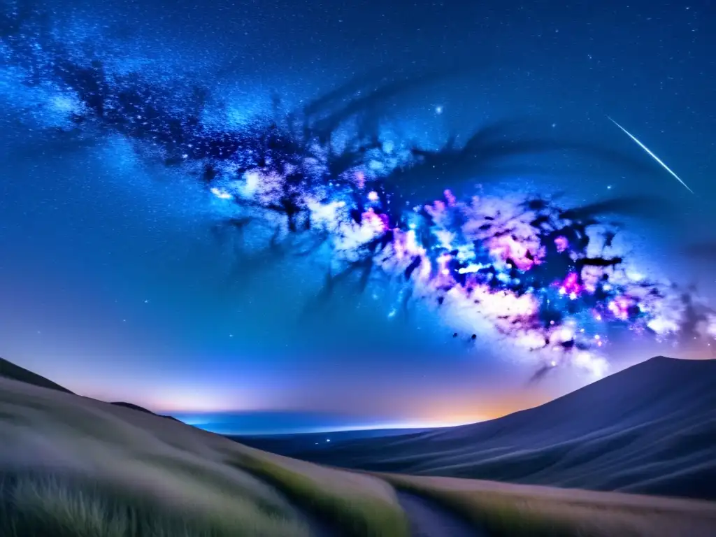 Cielo estrellado con estela de estrella Guía para identificar meteoros nocturnos en un cielo estrellado impresionante, con una vía láctea detallada y estrellas deslumbrantes