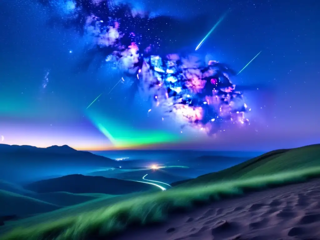 Noche estrellada, meteorito verde atraviesa cielo Guía: Meteoros nocturnos, espectáculo celeste