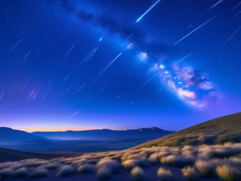 Impresionante noche estrellada con meteoros Guía para identificar meteoros nocturnos: imagen impresionante de 8k con estrellas fugaces multicolores en un cielo oscuro