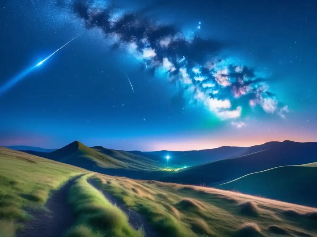 Impresionante noche estrellada con meteorito Guía para identificar meteoros nocturnos: noche estrellada con meteorito brillante y paisaje silueteado de colinas